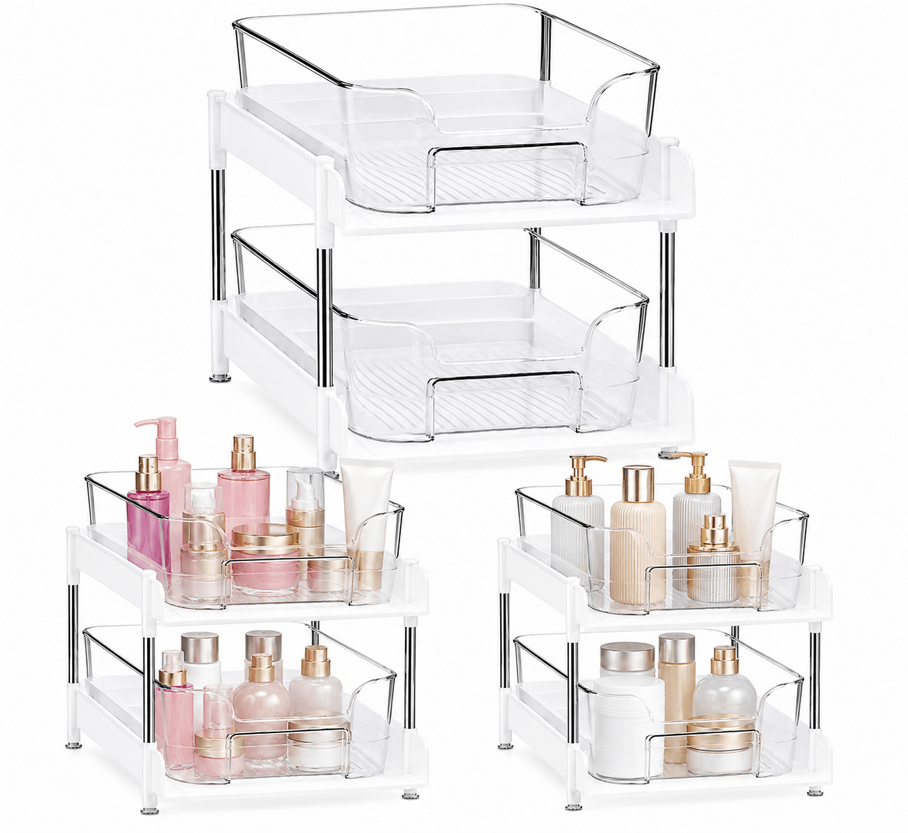 2-Pack 2-Tier Under Sink Organizer and Storage – Clear Pull-Out Drawer Organizers with Sliding Track, Stackable Cabinet Storage Bins, for Bathroom, Kitchen, Pantry, Vanity & Countertop - Unique Gifts By Leticia
