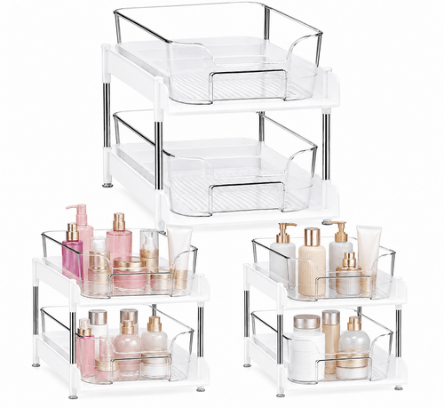 2-Pack 2-Tier Under Sink Organizer and Storage – Clear Pull-Out Drawer Organizers with Sliding Track, Stackable Cabinet Storage Bins, for Bathroom, Kitchen, Pantry, Vanity & Countertop - Unique Gifts By Leticia