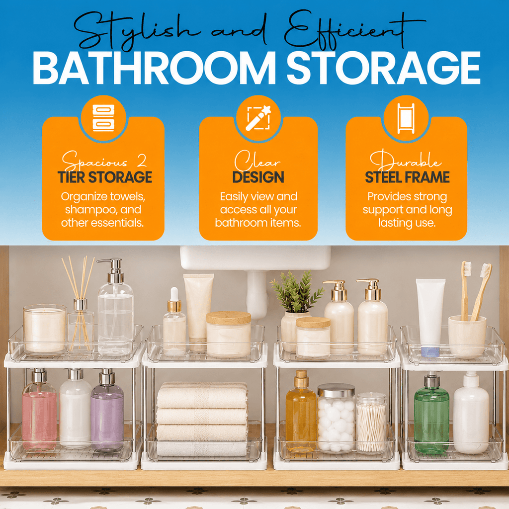 2-Pack 2-Tier Under Sink Organizer and Storage – Clear Pull-Out Drawer Organizers with Sliding Track, Stackable Cabinet Storage Bins, for Bathroom, Kitchen, Pantry, Vanity & Countertop - Unique Gifts By Leticia