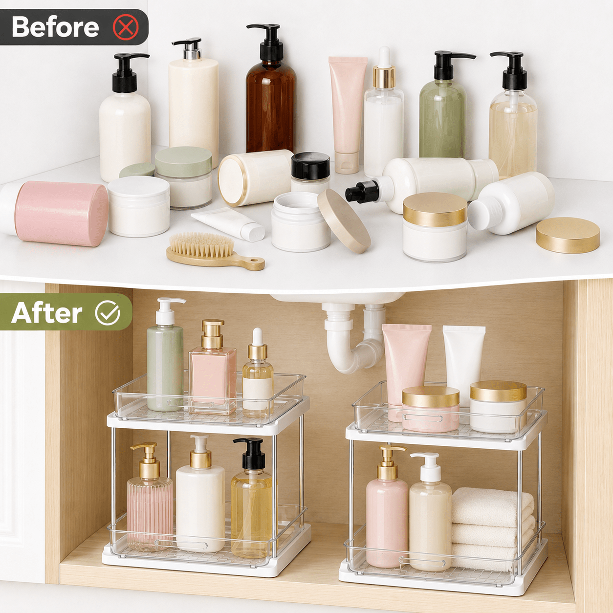 2-Pack 2-Tier Under Sink Organizer and Storage – Clear Pull-Out Drawer Organizers with Sliding Track, Stackable Cabinet Storage Bins, for Bathroom, Kitchen, Pantry, Vanity & Countertop - Unique Gifts By Leticia