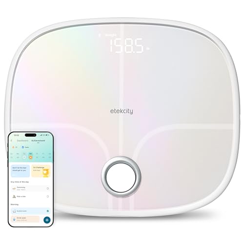 Etekcity Smart Rechargeable Scale for Body Weight, BMI, Fat, Muscle Mass, FSA HSA Eligible, Digital Bathroom Scale with 13 Metrics, Secret Mode, Bluetooth Connect to Free Apps, Rainbow White