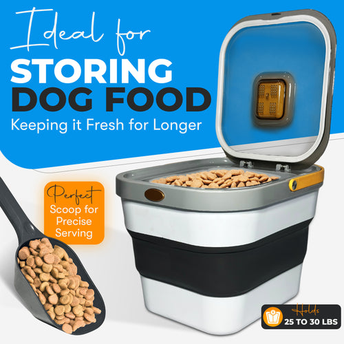 Airtight Collapsible Pet Food Storage Container – Holds Up to 13lb of Dry Dog or Cat Food, with Wheels, Scoop & Travel Bowl for Easy Feeding & Storage