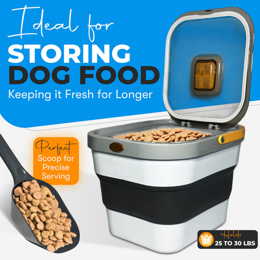 Airtight Collapsible Pet Food Storage Container – Holds Up to 13lb of Dry Dog or Cat Food, with Wheels, Scoop & Travel Bowl for Easy Feeding & Storage