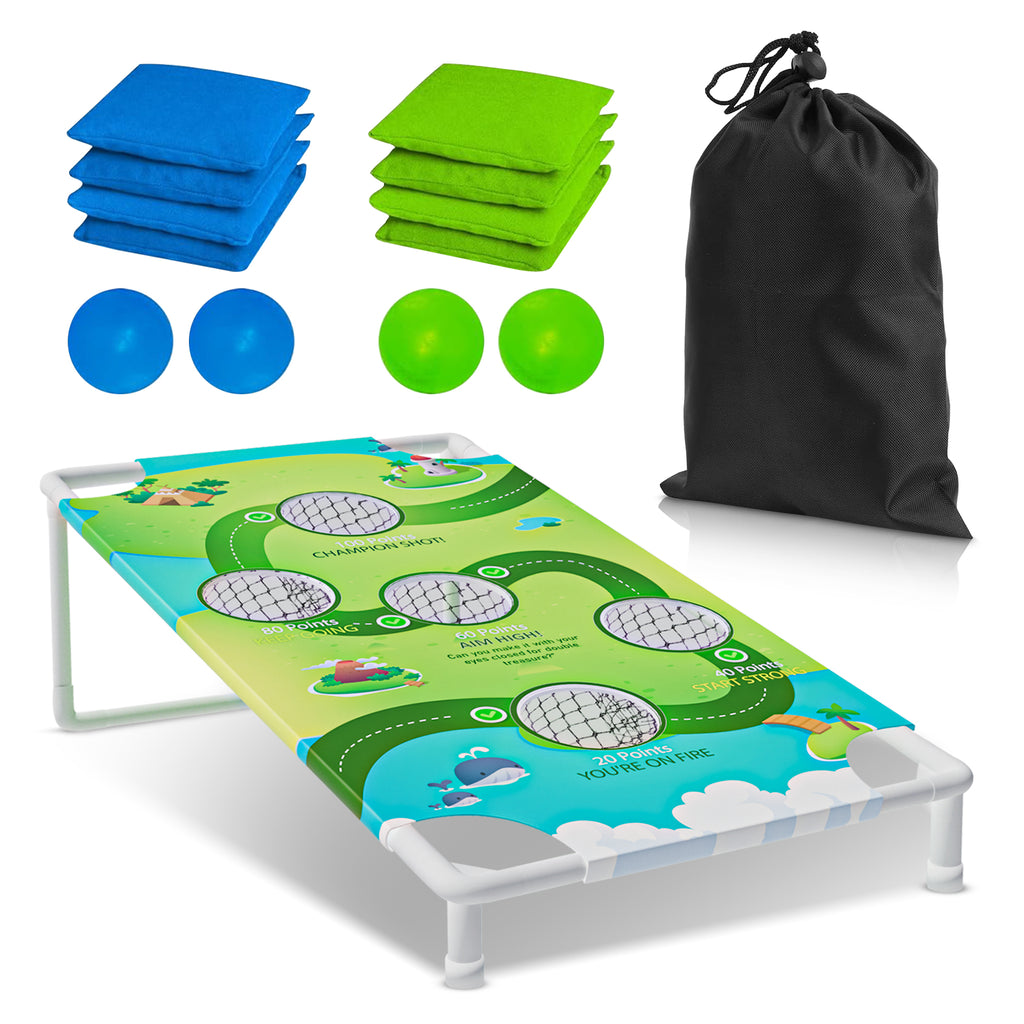 Portable Cornhole Board Game Set with Bean Bags & Toss Balls – 2-in-1 Outdoor Yard Game for Family Fun, Beach, Camping & Tailgate Parties – Includes Green & Blue Bean Bags