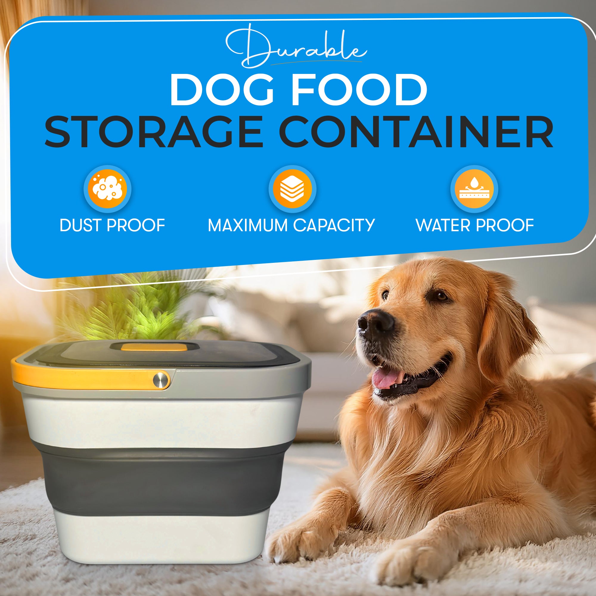 Airtight Collapsible Pet Food Storage Container – Holds Up to 13lb of Dry Dog or Cat Food, with Wheels, Scoop & Travel Bowl for Easy Feeding & Storage