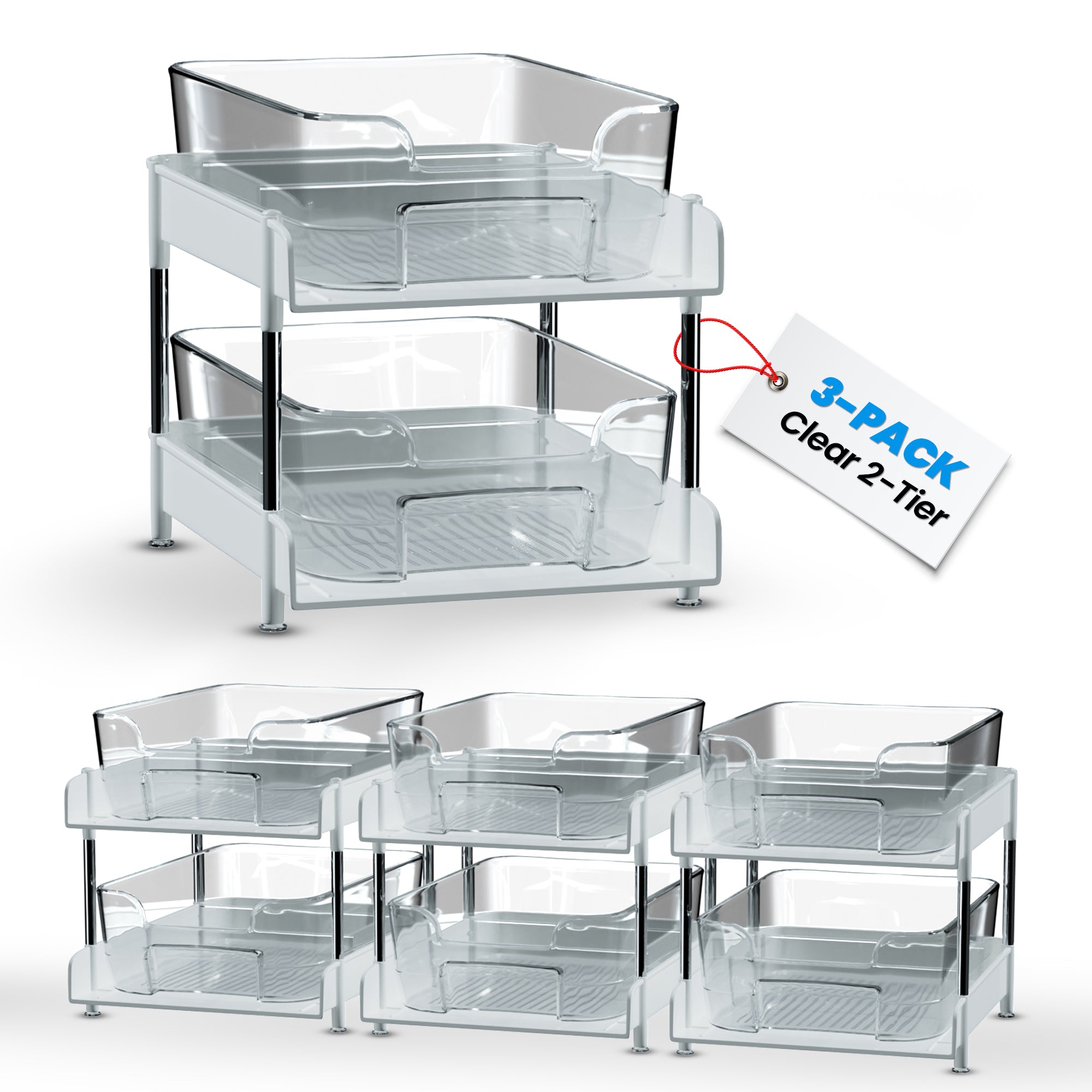Unique Gifts By Leticia 2-Pack & 3-Pack Clear 2-Tier Under Sink Organizer – Stackable Pull-Out Storage Bins for Bathroom