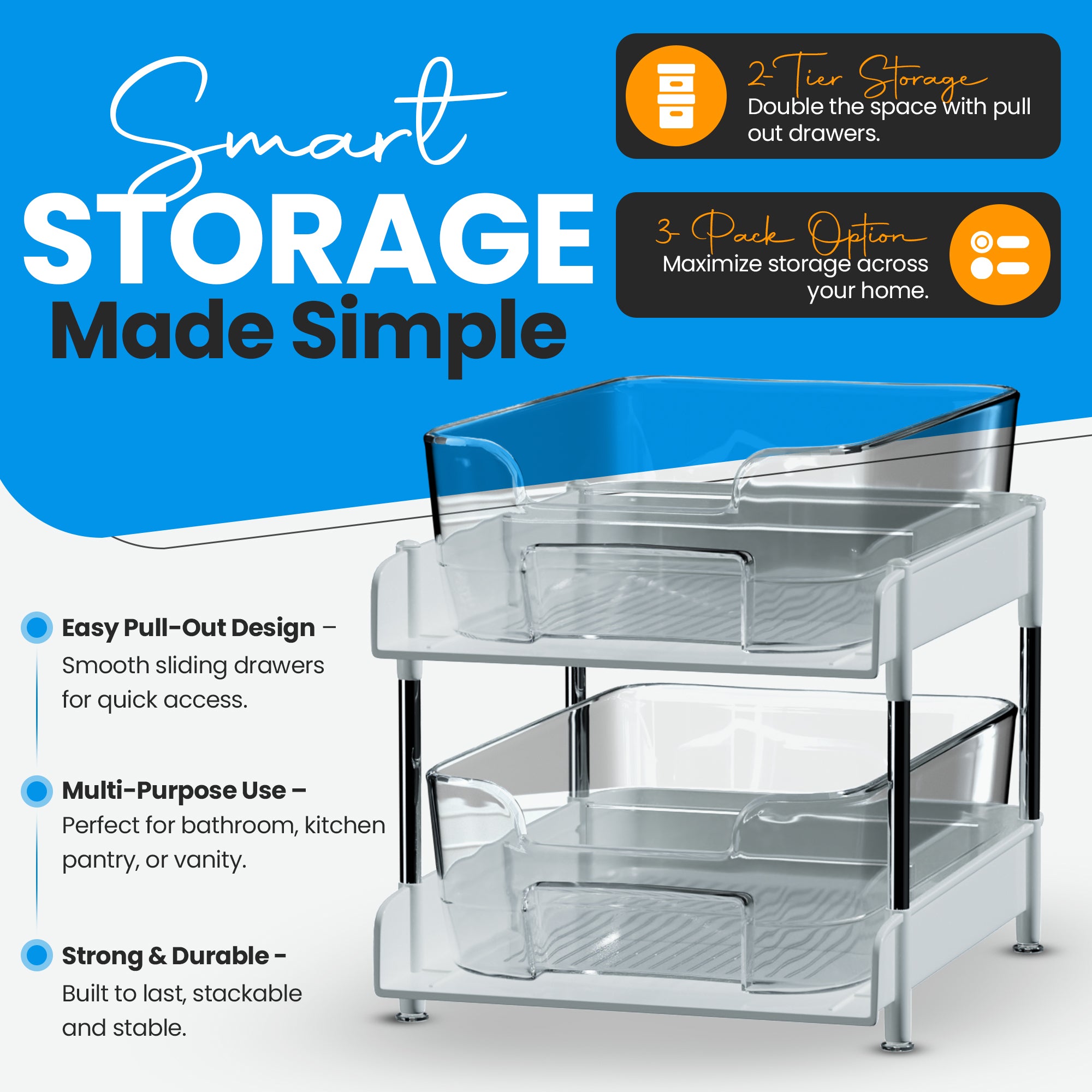 Unique Gifts By Leticia 2-Pack & 3-Pack Clear 2-Tier Under Sink Organizer – Stackable Pull-Out Storage Bins for Bathroom