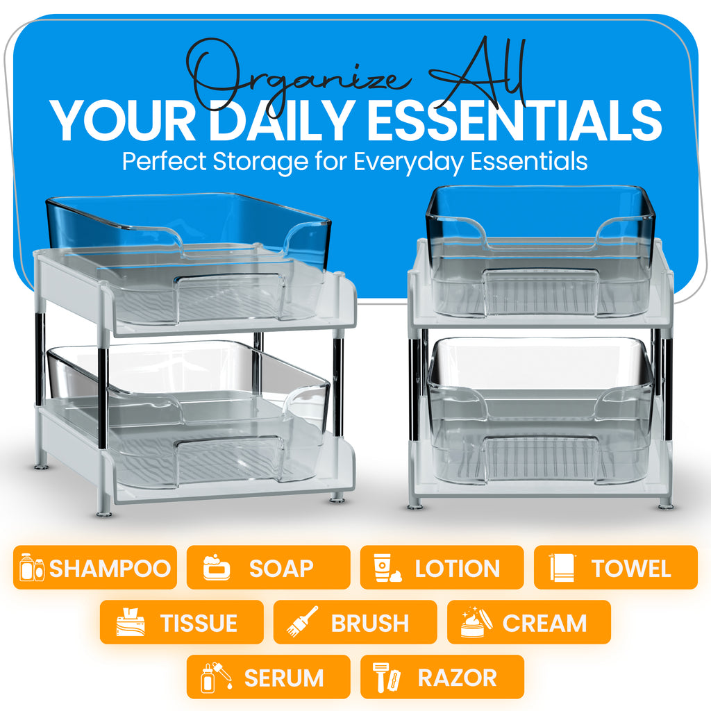 Unique Gifts By Leticia 2-Pack & 3-Pack Clear 2-Tier Under Sink Organizer – Stackable Pull-Out Storage Bins for Bathroom
