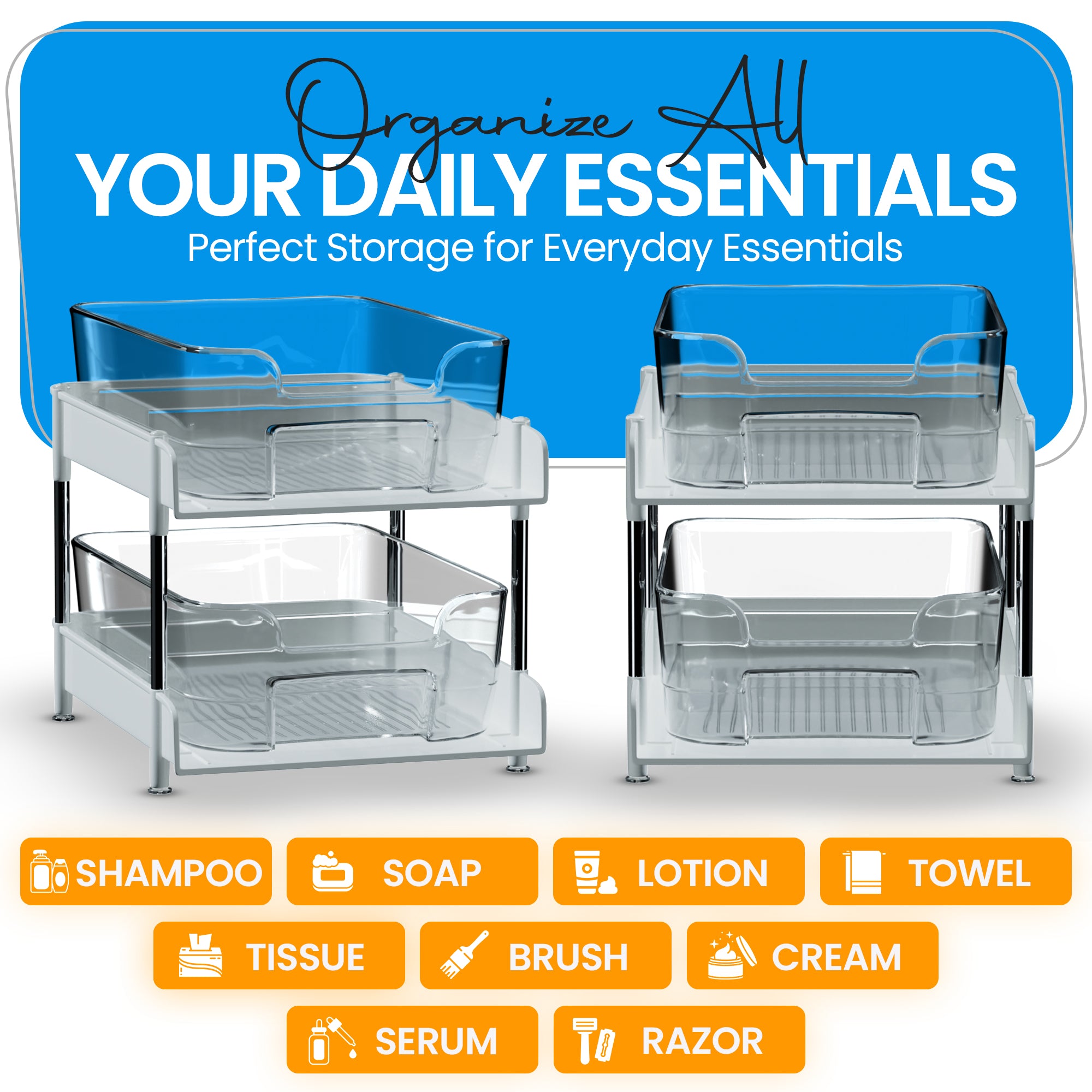 Unique Gifts By Leticia 2-Pack & 3-Pack Clear 2-Tier Under Sink Organizer – Stackable Pull-Out Storage Bins for Bathroom