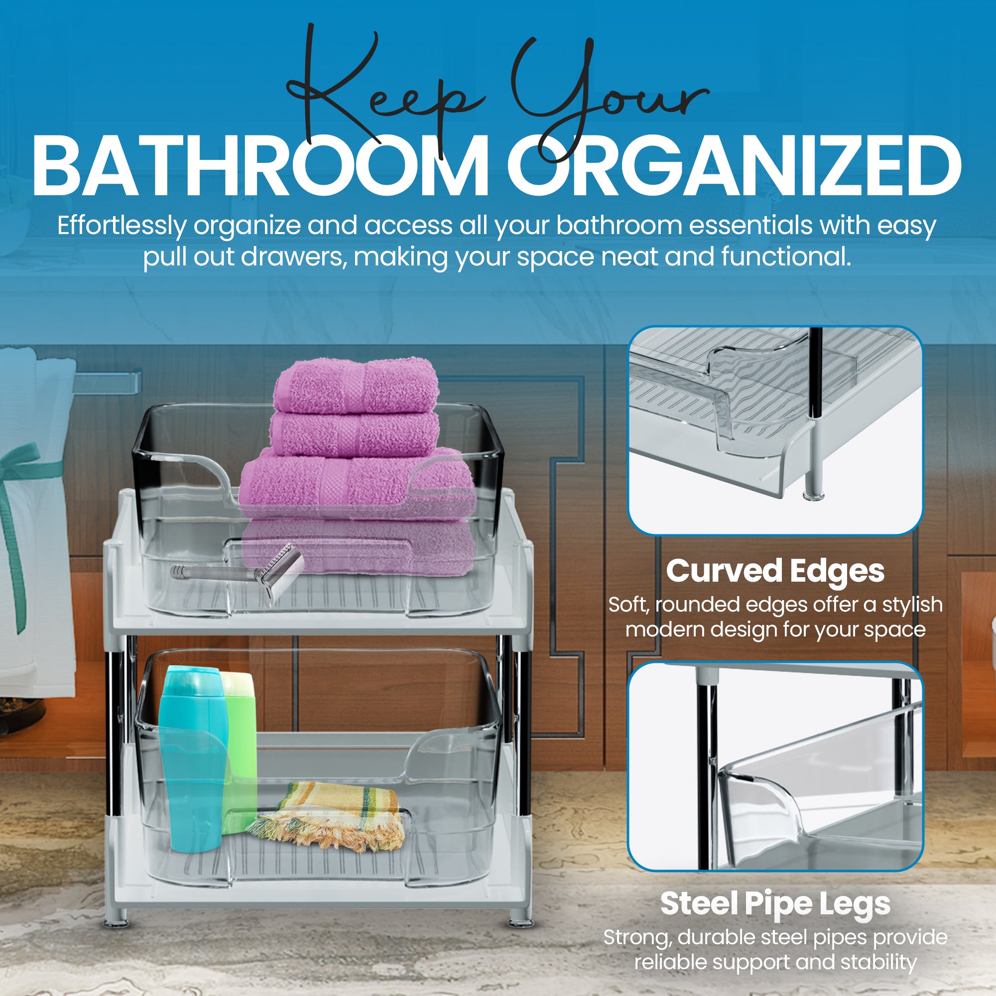 Unique Gifts By Leticia 2-Pack & 3-Pack Clear 2-Tier Under Sink Organizer – Stackable Pull-Out Storage Bins for Bathroom