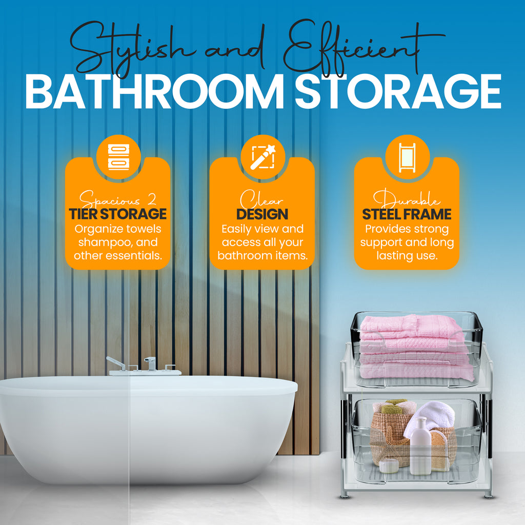 Unique Gifts By Leticia 2-Pack & 3-Pack Clear 2-Tier Under Sink Organizer – Stackable Pull-Out Storage Bins for Bathroom