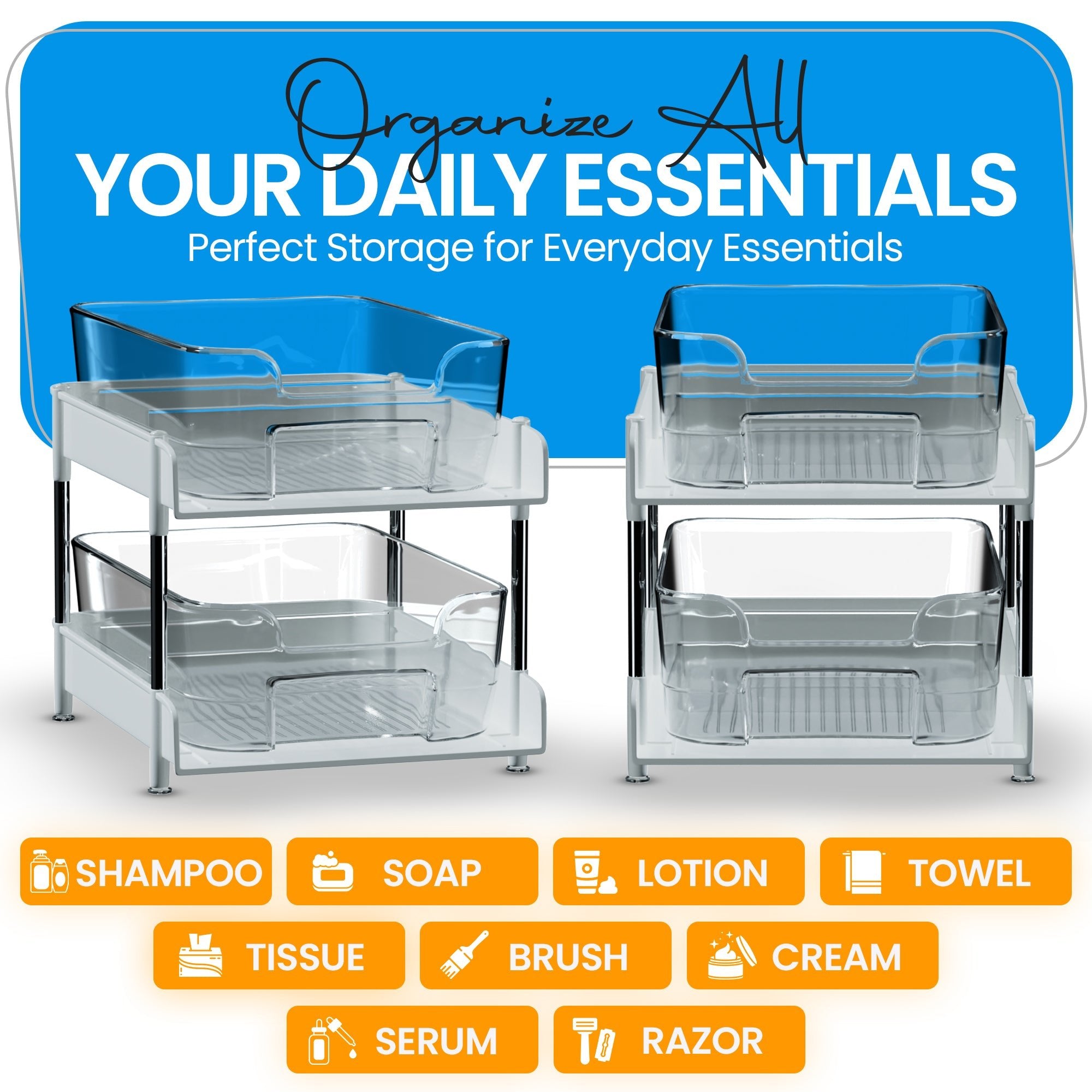 Under Sink Organizer 2 - Pack 2 - Tier Expandable Storage Rack with Sliding Drawers for Kitchen & Bathroom Cabinet Organization | Space Saving Shelf Organizer - Unique Gifts By Leticia