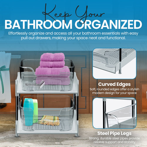 Under Sink Organizer 2 - Pack 2 - Tier Expandable Storage Rack with Sliding Drawers for Kitchen & Bathroom Cabinet Organization | Space Saving Shelf Organizer - Unique Gifts By Leticia