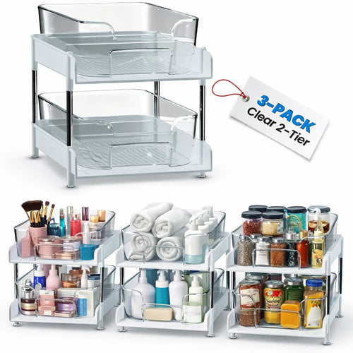 Under Sink Organizer 3 - Pack 2 - Tier Expandable Storage Rack with Sliding Drawers for Kitchen & Bathroom Cabinet Organization | Space Saving Shelf Organizer - Unique Gifts By Leticia